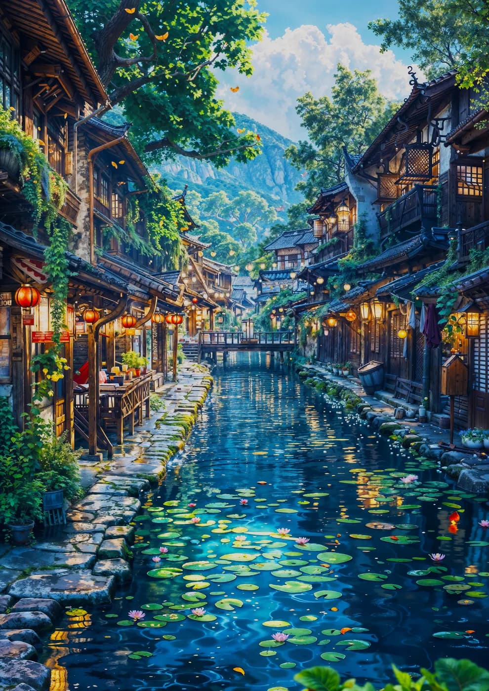 A tranquil scene of a traditional Japanese village with a serene canal adorned with water lilies and lanterns, surrounded by lush greenery