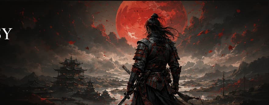 Samurai overlooking a Japanese fantasy landscape beneath a red moon