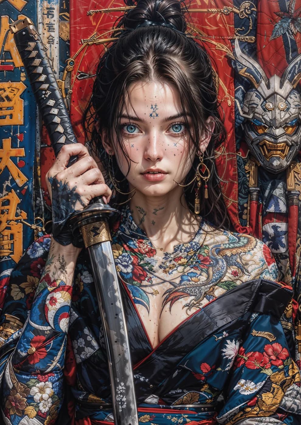 A detailed portrait of a woman with striking blue eyes and traditional tattoos, holding a samurai sword
