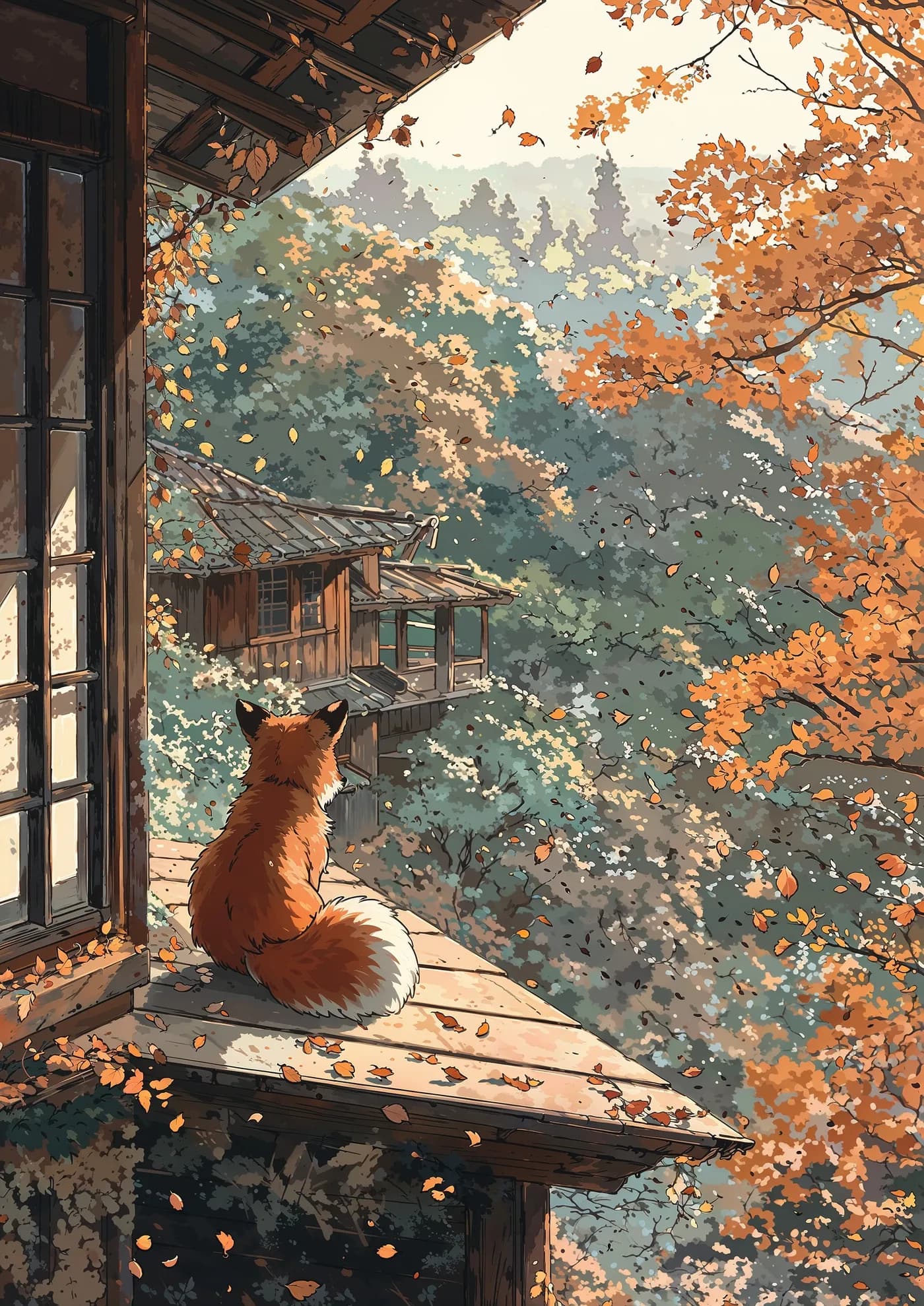 A red fox sits on a wooden deck looking out across a dense autumn forest framed by traditional Japanese architecture