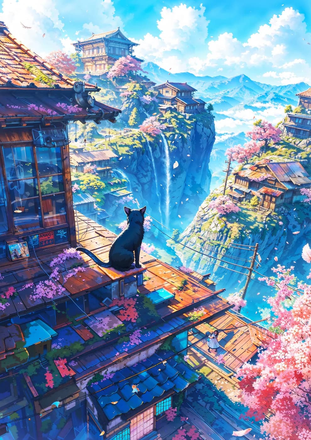 A serene mountain village adorned with cherry blossoms and a majestic waterfall, featuring a black cat observing the picturesque scene